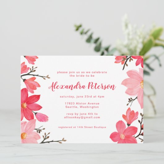 Invitation Fête des mariées stylée à script rose rouge rose (Debout devant)