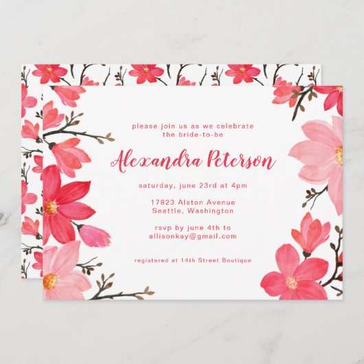 Invitation Fête des mariées stylée à script rose rouge rose (Devant / Derrière)