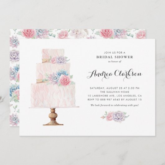 Invitation Fête des mariées Succulente de gâteau rose pâle (Devant / Derrière)