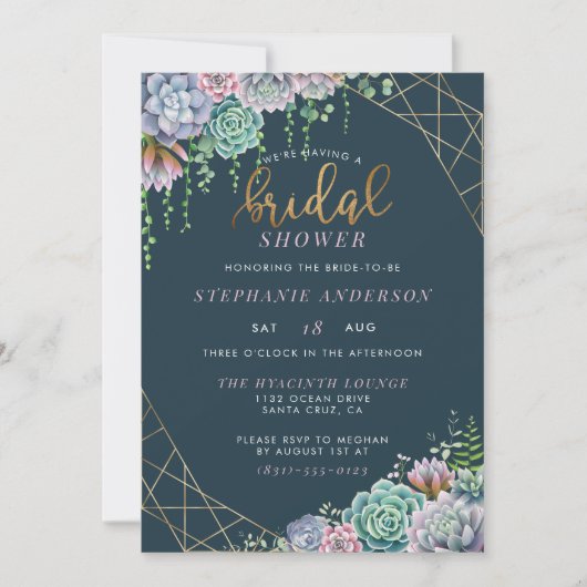 Invitation Fête des mariées succulente de script or moderne (Devant)