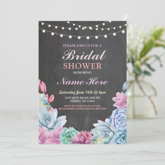 Invitation Fête des mariées Succulente Rustic Chalk Invitatio (Debout devant)