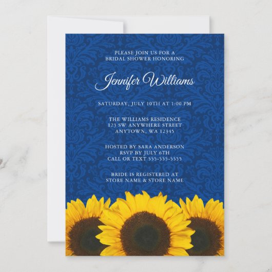 Invitation Fête des mariées Sunflower Blue Damask (Devant)