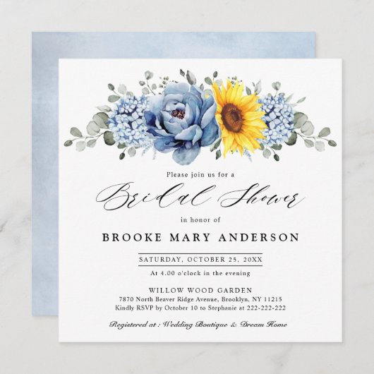 Invitation Fête des mariées Sunflower Dusty Blue Slate Peony (Devant / Derrière)