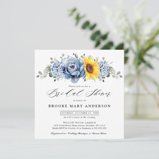 Invitation Fête des mariées Sunflower Dusty Blue Slate Peony (Debout devant)
