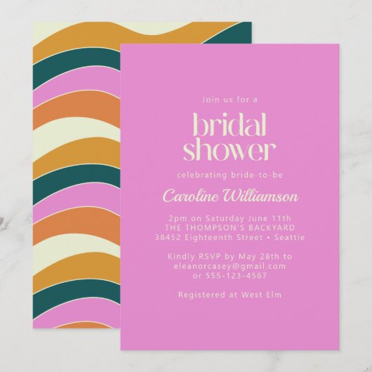 Invitation Fête des mariées super Retro Bright Pink Wavy Line (Devant / Derrière)