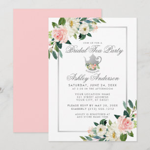 Invitation Fête des mariées Tea Party Argent rose Floral Invi