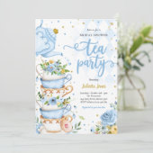 Invitation Fête des mariées Tea Party Bleu Et Or Floral (Debout devant)