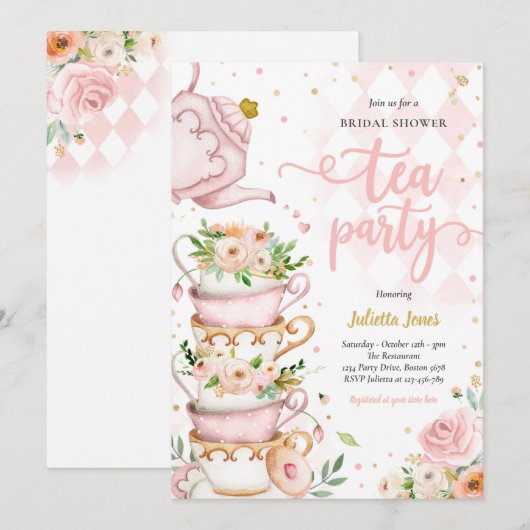 Invitation Fête des mariées Tea Party Blush rose et or Floral (Devant / Derrière)