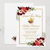 Invitation Fête des mariées Tea Party Bourgogne Gold Boho Flo (Devant / Derrière)
