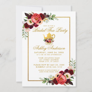 Invitation Fête des mariées Tea Party Bourgogne Gold Boho Flo