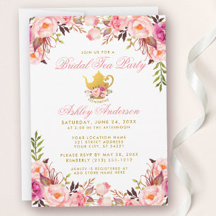 Invitation Fête des mariées Tea Party Gold rose Floral