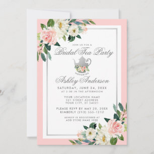 Invitation Fête des mariées Tea Party rose Floral Argent Invi