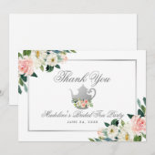 Invitation Fête des mariées Tea Party rose Floral Silver Merc (Devant / Derrière)