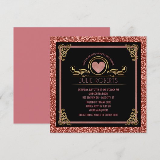 Invitation Fête des mariées Tea Party Rose Gold Heart Parties (Devant / Derrière)