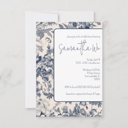 Invitation Fête des mariées Toile bleu et blanc (Devant)