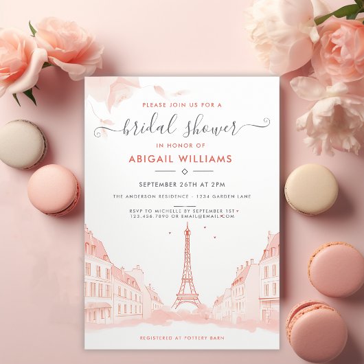 Invitation Fête des mariées Tour Eiffel Peach Rose Chic