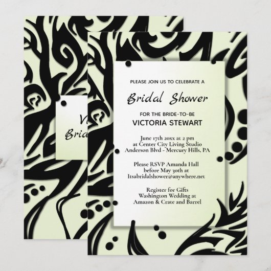 Invitation Fête des mariées tribale Abstraite noire et verte (Devant / Derrière)