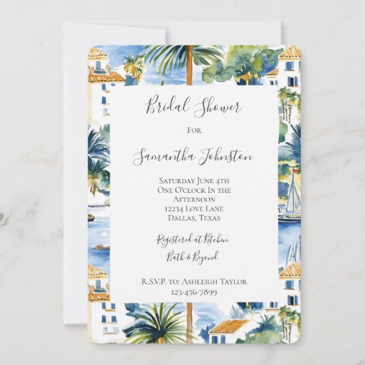 Invitation Fête des mariées Tropical Bleu Méditerranéen (Devant)