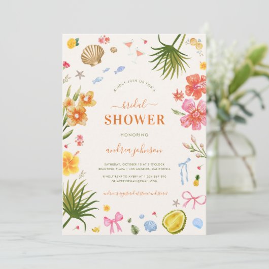 Invitation Fête des mariées Tropical Coastal Hand Draells (Debout devant)