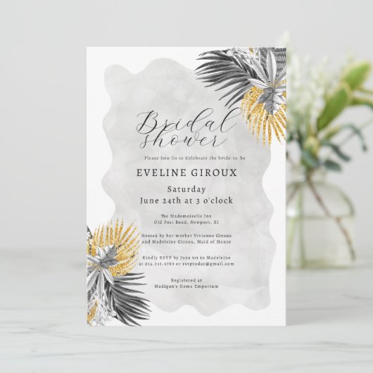 Invitation Fête des mariées Tropical Palm Black White Gold (Debout devant)