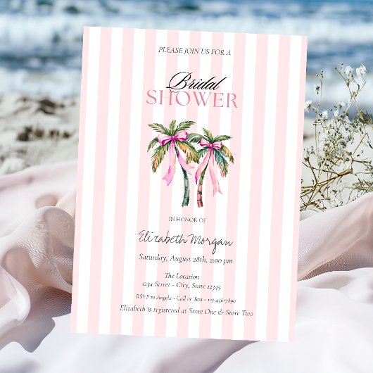 Invitation Fête des mariées Tropical Palms Bow Pink Stripes