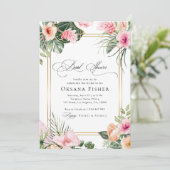 Invitation Fête des mariées Tropical Rose Floral Gold Frame (Debout devant)