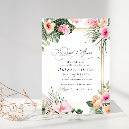 Invitation Fête des mariées Tropical Rose Floral Gold Frame