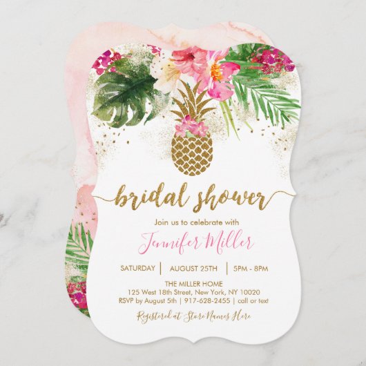 Invitation Fête des mariées tropicale florale d'ananas en or (Devant / Derrière)