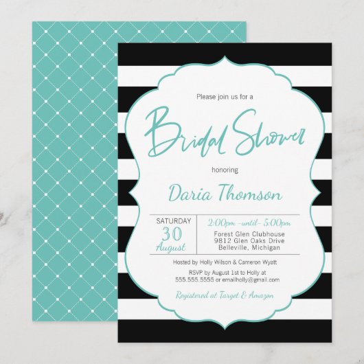 Invitation Fête des mariées Turquoise à bande noire et blanch (Devant / Derrière)