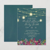 Invitation Fête des mariées turquoise à cordes florales (Devant / Derrière)