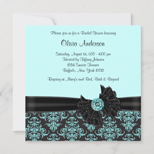 Invitation Fête des mariées turquoise Blue Black Damask (Devant)