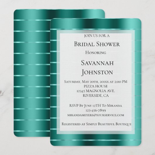 Invitation Fête des mariées turquoise de ruban vert (Devant / Derrière)