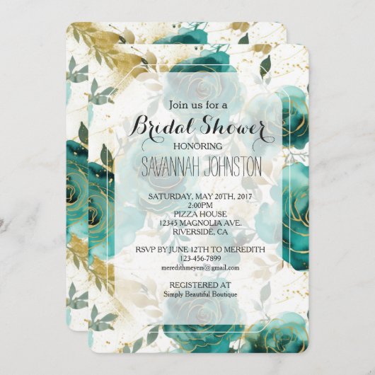 Invitation Fête des mariées turquoise en or blanc (Devant / Derrière)