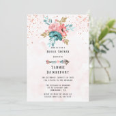 Invitation Fête des mariées turquoise et rose de pivoine (Debout devant)