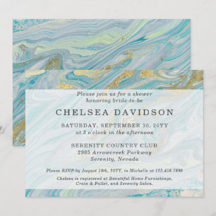 Invitation Fête des mariées Turquoise & Gold Marble Swirl Geo
