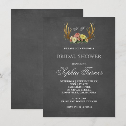 Invitation Fête des mariées unique Antlers Floral Chalkboard (Devant / Derrière)