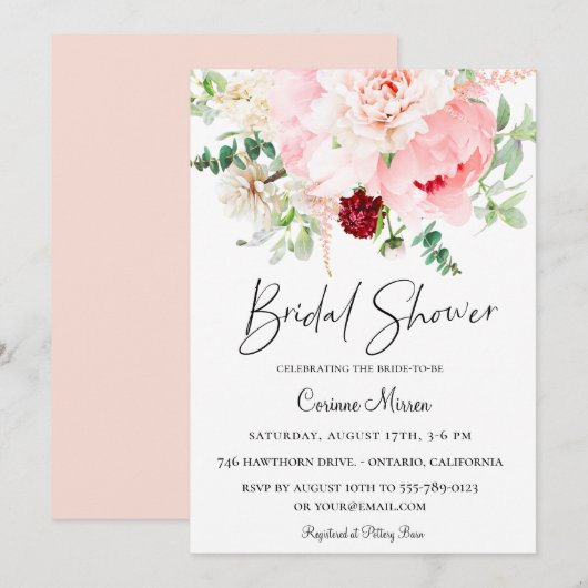 Invitation Fête des mariées végétale rose pâle (Devant / Derrière)