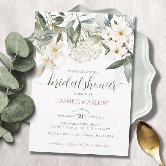 Invitation Fête des mariées Verdure Blanc Floral Aquarelle