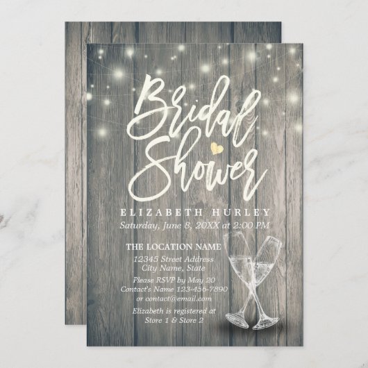 Invitation Fête des mariées Verres Champagne Lumières à corde (Devant / Derrière)