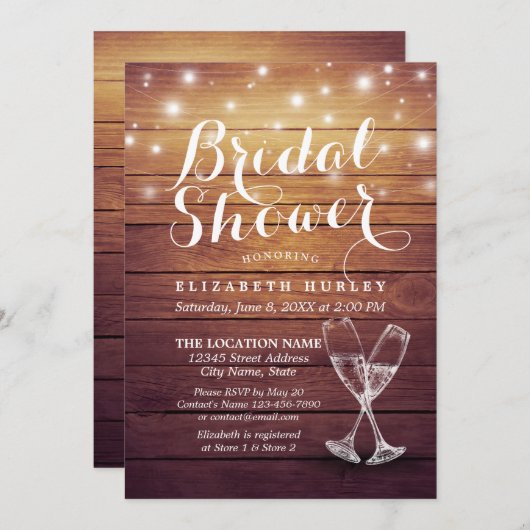 Invitation Fête des mariées Verres Champagne Lumières à corde (Devant / Derrière)