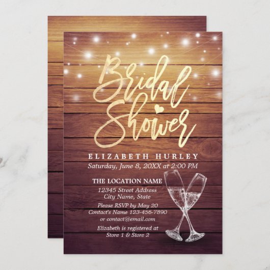 Invitation Fête des mariées Verres Champagne Lumières à corde (Devant / Derrière)