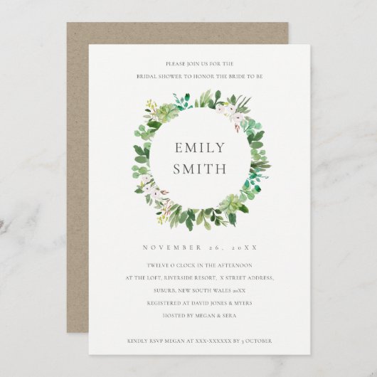 INVITATION FÊTE DES MARIÉES VERT SUCCULENT WREATH  (Devant / Derrière)