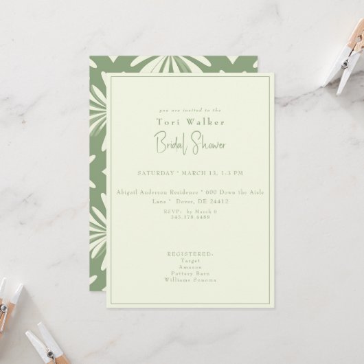 Invitation Fête des mariées verte Boho (Devant/Arrière en situation)