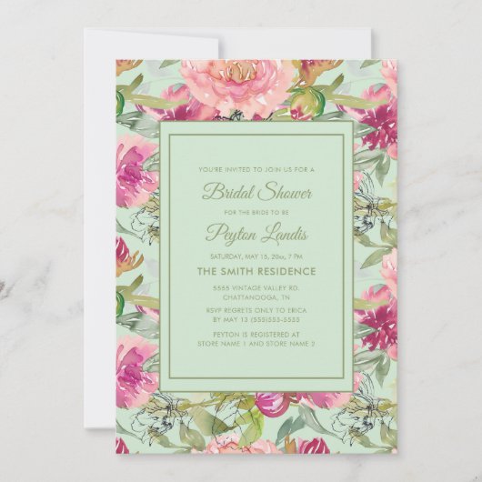 Invitation Fête des mariées verte Neo Mint Floral Rose (Devant)