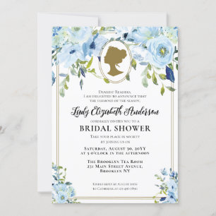 Invitation Fête des mariées vintage Blue Gold Florals Regency