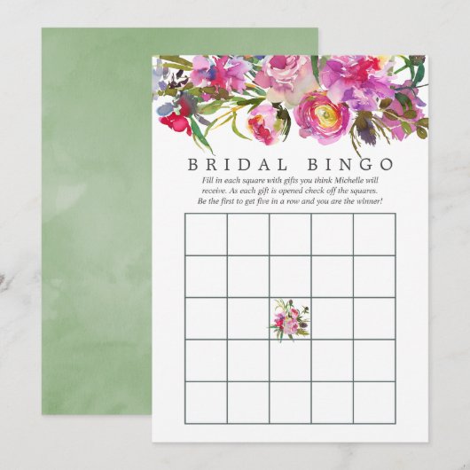 Invitation Fête des mariées vintage Pink Peonies Bingo (Devant / Derrière)