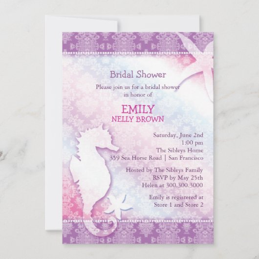 Invitation Fête des mariées violet de l'hippocampe de plage (Devant)
