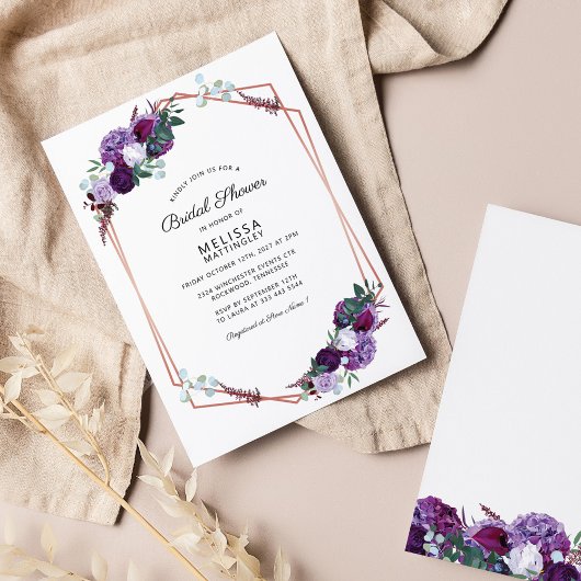 Invitation Fête des mariées violet Floral Rose or géométrique