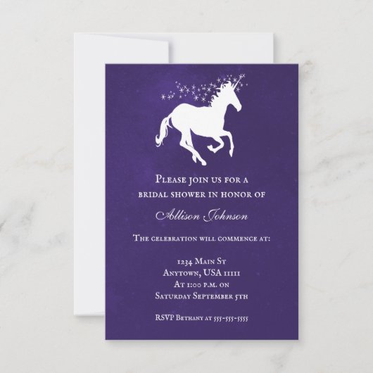 Invitation Fête des mariées Violet Unicorn (Devant)