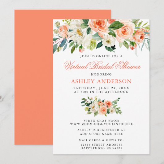 Invitation Fête des mariées virtuelle Aquarelle Coral Floral (Devant / Derrière)